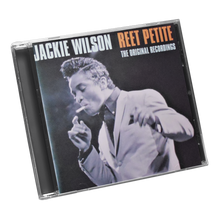 Load image into Gallery viewer, A CD case for 'Jackie Wilson Reet Petite The Original Recordings' shown at an angle on a plain white background. The cover features a black-and-white photo of a man in a light-colored suit, with the artist names in bold white and orange text.